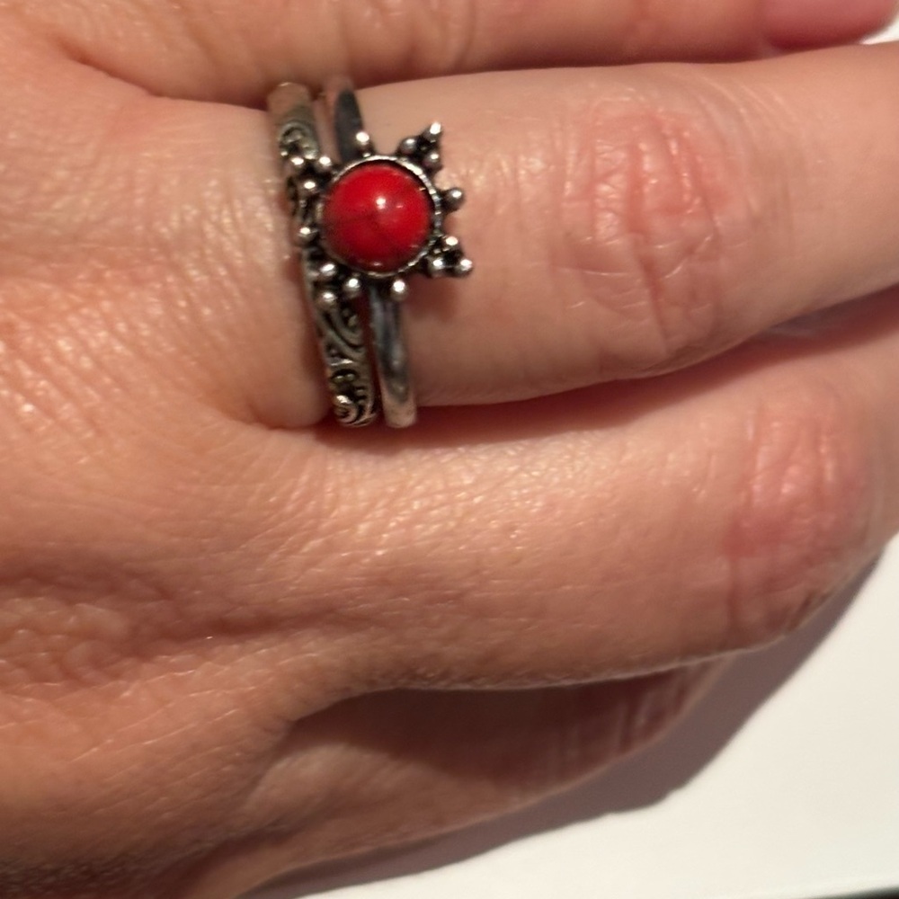 Red Stone Silver Ring Set Two rings